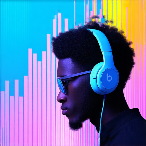 一位音樂愛好者正佩戴Beats耳機，享受專業音質，背景是五彩繽紛的音樂波浪，展示音樂的力量和Beats耳機的出色性能。