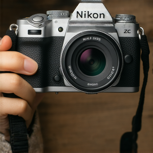 Nikon Z fc數位相機展示，具備復古設計與先進功能，專業攝影師使用中，背景模糊，聚焦於相機細節，吸引愛好者立即了解更多攝影技巧與服務。