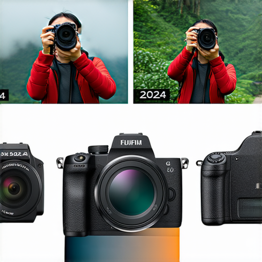 Fujifilm相機展示，突顯不同型號與功能，專業攝影師正在使用相機進行拍攝，背景為美麗風景，2024年度最佳特色與服務，揭開攝影新世界的神秘面紗。
