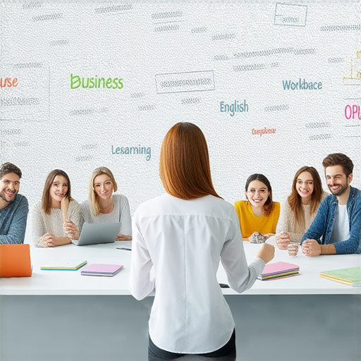 商業英語課程提升職場競爭力的圖片，展示學員互動學習及專業講師授課場景，培養實用英語技能，增強職場表達能力與溝通技巧，助力職業發展。