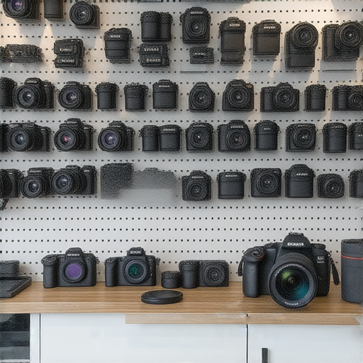 深水埗專業相機維修服務工作室，技術人員專注於數碼相機檢修，設備整齊、環境專業，周圍展示各類相機零件，為客戶提供卓越的相機維修體驗，重現數碼相機的光彩。