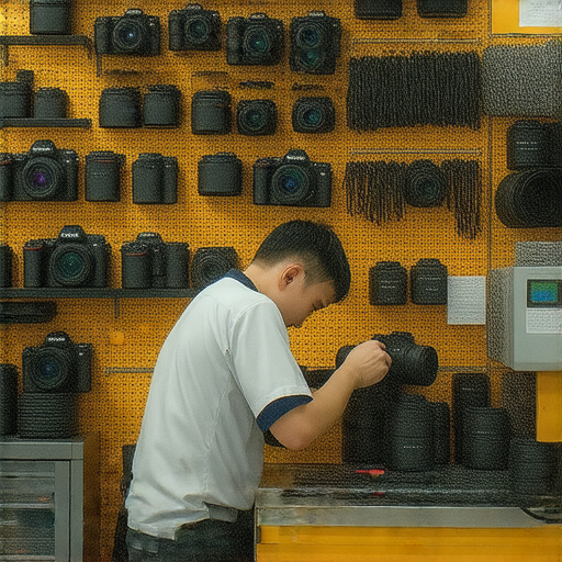 深水埗與旺角專業相機維修店鋪內部，技師正在維修SONY與CANON相機，顯示多種工具與設備。專業維修環境和服務，為相機愛好者提供最佳維修選擇。
