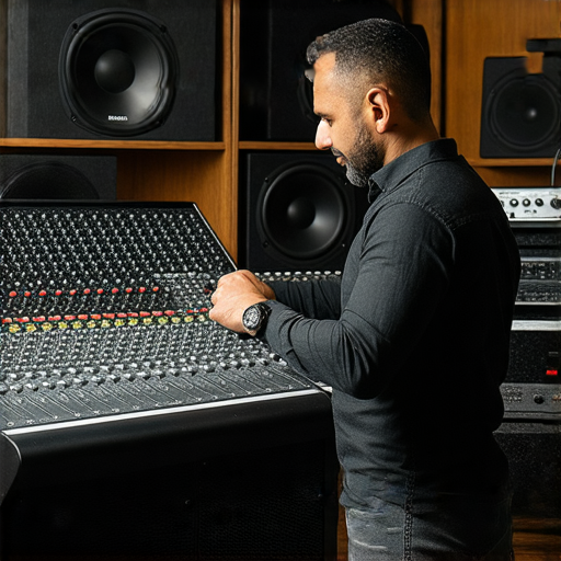 一位專業音響工程師正示範如何選擇合適的音響箱，以提升音質，背景中有各式音響設備與音響箱，展現提升音質的秘密武器技巧分享。