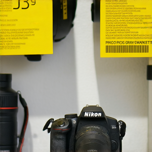Nikon相機展示於角落，周圍有優惠標籤，象徵價格和水貨資訊，背景帶有攝影器材，傳達提升攝影技術的主題。