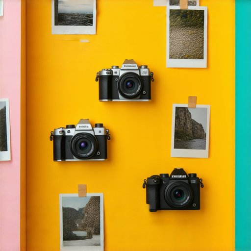 Fujifilm即影即有相機與專業服務展示，背景為色彩繽紛的相片，呈現各款相機的特色，適合攝影愛好者和專業人士探索，體驗最佳攝影選擇。