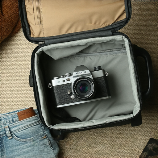 傻瓜相機與飛機的搭配，展示相機被隨意放置在行李箱中，強調乘客對於飛機上攜帶及托運相機的疑問與注意事項，探索使用與托運的秘密。