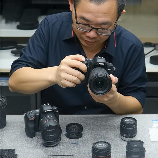 深水埗旺角專業相機維修師正在檢查數碼相機，使用高科技工具進行維修，展現專業技術，幫助延長相機使用壽命，吸引攝影愛好者的注意。