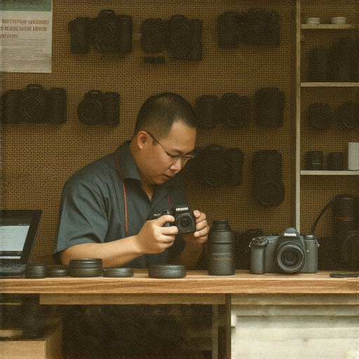 深水埗相機維修專業服務的工作場景，技術人員正在細心檢查和維護相機，展示各種維修工具和設備，讓你的相機重獲新生，保證完美拍攝體驗。