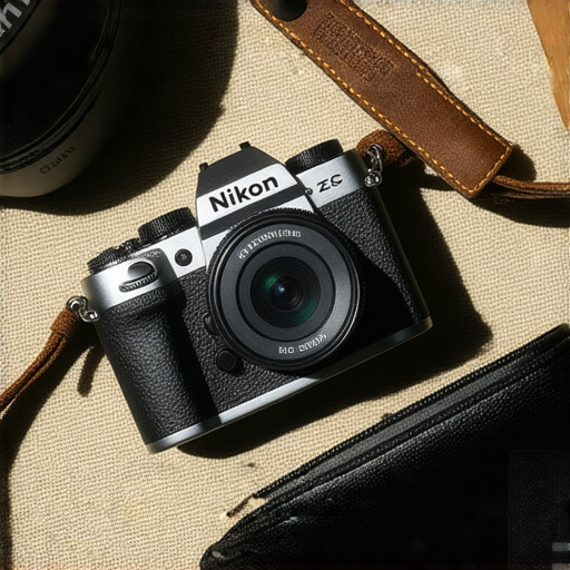 尼康 Z FC 相機在自然光下拍攝，展現其復古設計與高清拍攝能力，捕捉美好瞬間，專業攝影服務的標誌與設備一同出現，彰顯攝影藝術的魅力與專業！