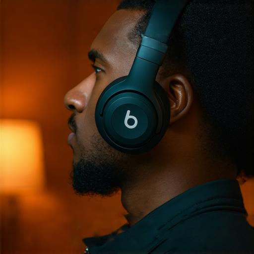 Beats耳機展示於音樂愛好者的手中，呈現無與倫比的音質，突顯高端設計與科技，吸引音樂愛好者探索最佳音響體驗。