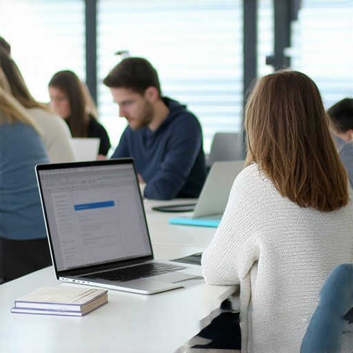 提升職場競爭力的商業英語與商務英語課程討論背景圖片，展示學員專注學習，書籍和電腦在桌面，反映現代商業環境中的英語學習與實踐重要性。