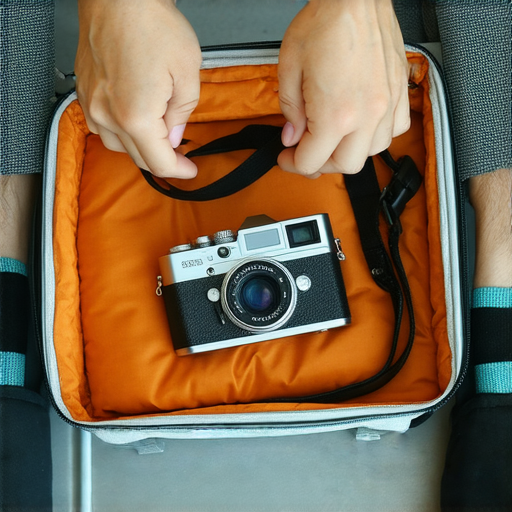 傻瓜相機放入行李箱中，旅客在準備托運時，手中持有相機，背景是登機口，探討傻瓜相機托運的安全性及拍攝次數與重複使用的真相。