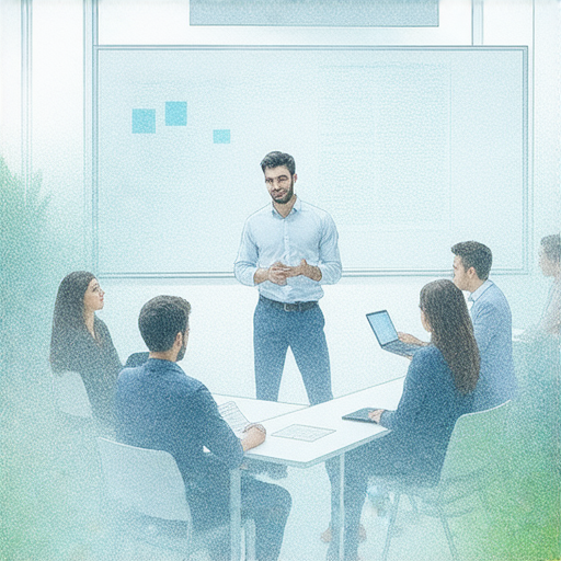 提升職場競爭力的商業英語課程和商務英語課程選擇指南，展示學習環境內的學生與教師互動，強調實用商業交流技巧和英語課程的重要性，幫助專業人士提升職場能力。