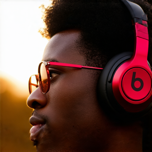 音樂愛好者使用Beats耳機享受極致音質的圖像，展示耳機特寫以及人物專注聆聽音樂的表情，表達對音樂的熱愛和Beats品牌的吸引力。
