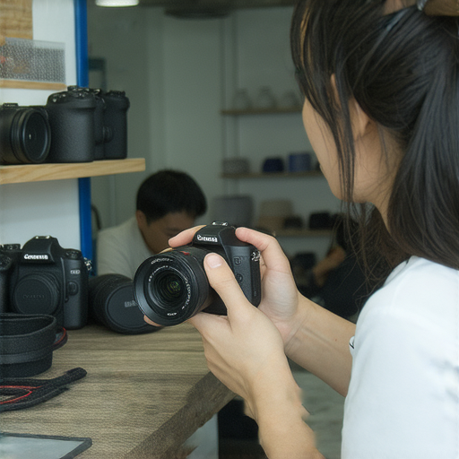 深水埗、旺角相機維修店內專業技術人員正在檢查相機，提供高品質維修服務，吸引顧客預約專屬服務，彰顯專業技能和細緻關懷。