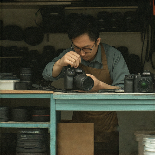 專業相機維修服務展示，技師專注檢查數位相機，地點位於深水埗或旺角，重拾拍攝樂趣，解決相機問題，讓愛攝影的你重返創作之路。