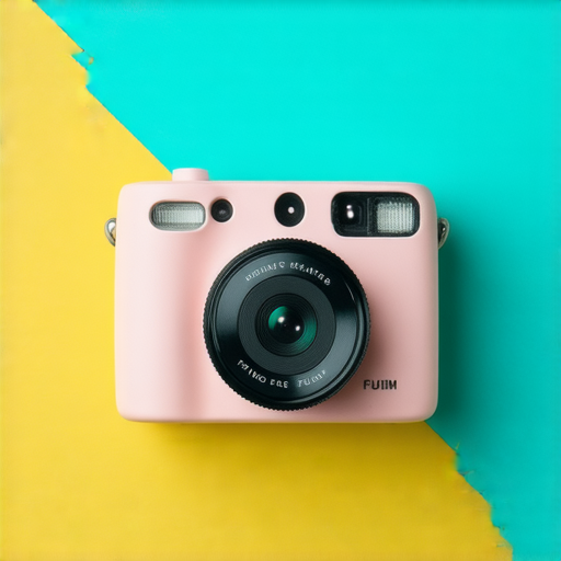 即影即有相機展示於清新背景中，捕捉瞬間的美好回憶，讓攝影之旅更加生動有趣，展現Fujifilm產品特色及便捷性，吸引喜愛攝影的人士。