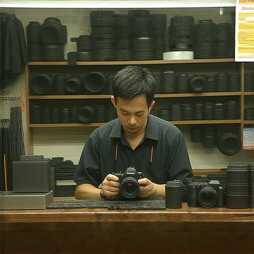 深水埗旺角相機維修店外觀，專業技師正在檢查相機，展示維修過程，為顧客提供優質服務，重拾相機生機，讓攝影愛好者可安心使用。
