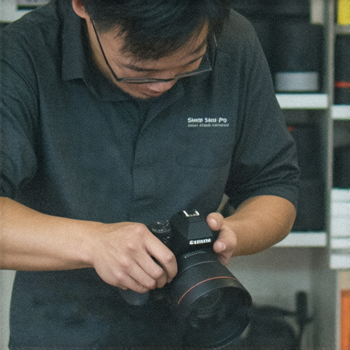 深水埗專業相機維修服務，技術精湛的維修工程師正在修理一台相機，背景可見各種相機配件，助您解鎖拍攝潛能，提升拍攝技術。
