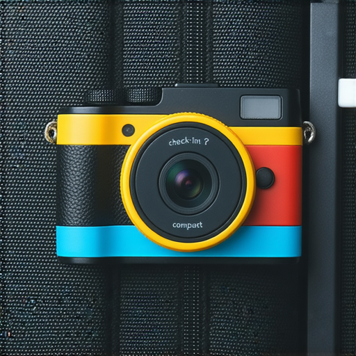 傻瓜相機放置於行李上，背景為行李托運櫃台，圖示專業建議，探討傻瓜相機能否托運的五大疑問，促使讀者了解相關安全要求及注意事項。