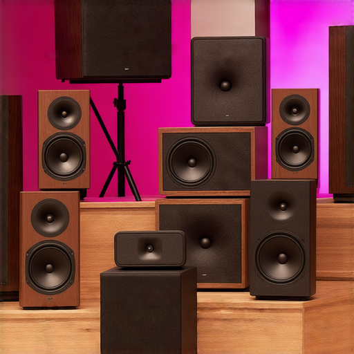 探索音響箱的魅力與音質提升技巧的展覽場景，展示各型音響箱、專業音響設備，並有音質提升建議資料，吸引音樂愛好者與音響專家的注意。