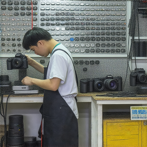 香港相機維修中心推薦，包含深水埗、旺角、尖沙咀的維修地址及價錢攻略，展示專業技術人員正在維修相機的過程以及各種維修工具和設備。