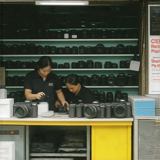 深水埗到旺角的相機維修店外觀，展示了專業技術人員正在檢查數碼相機，店內擺放著各種相機配件，吸引熱愛攝影的顧客，推薦優質服務。