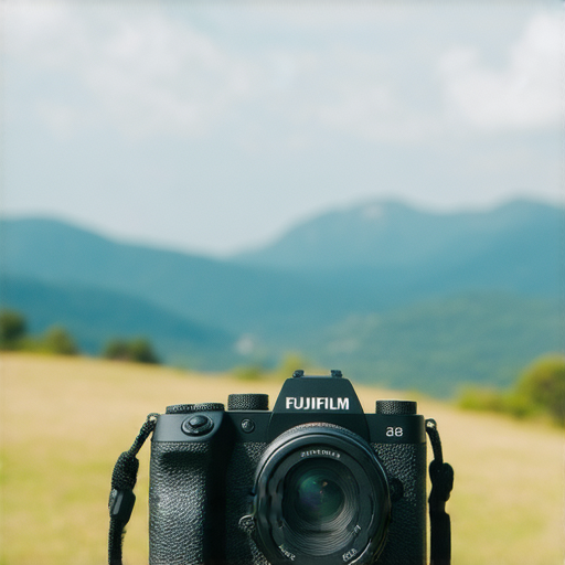 Fujifilm相機展示於自然景觀中，捕捉瞬間之美，展現專業服務的即影即有魔力，強調高品質攝影與即時體驗。