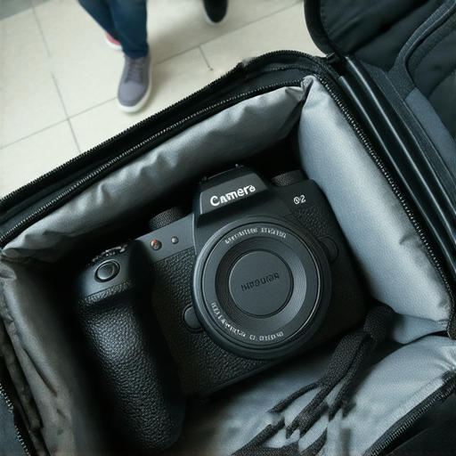 傻瓜相機放在行李中準備托運，展示相機使用極限的情境，背景為旅行者在機場，說明專業建議對傻瓜相機托運的安全性和注意事項。