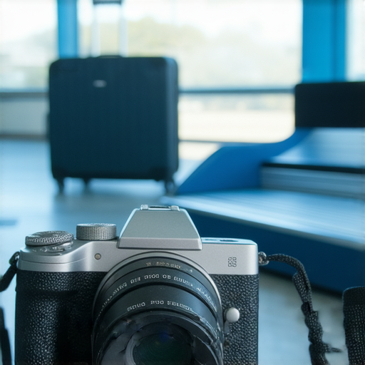 傻瓜相機的特寫，背景顯示托運行李及X光機，突顯拍攝次數與通過安檢的關鍵資訊，強調旅途中相機使用的便利性與注意事項。