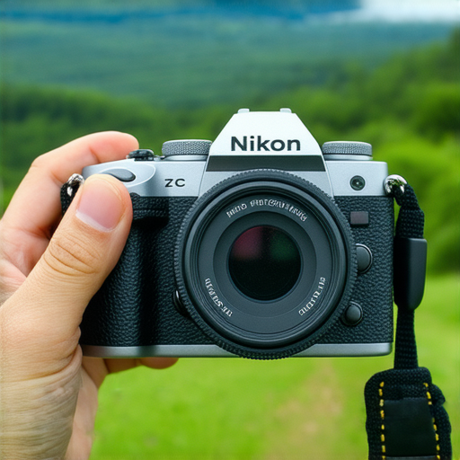 Nikon Z FC相機展示其復古魅力，搭配手握攝影者，背景為美麗的自然風景，展現攝影旅程的靈感和創意，探索Nikon Z FC新魅力，開啟你的攝影之旅。