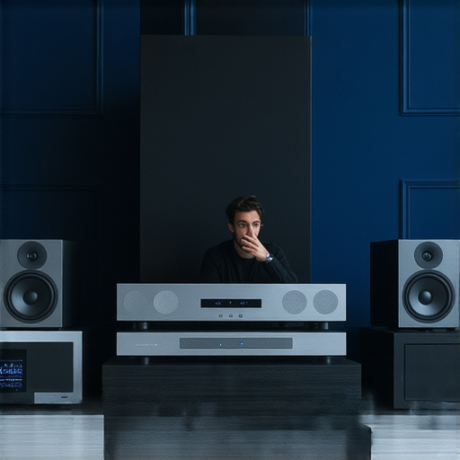 音響箱展示，專業人士正在講解最佳音質的技術細節，強調音響設備的重要性，邀請觀眾進一步質詢。音響箱的秘密和專業服務完美結合，探索音樂的真諦。