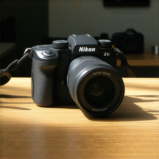Nikon Z fc相機展示在桌面，周圍擺放著攝影器材，背景呈現迷人的影像世界，彰顯其吸引攝影師的專業魅力及獨特設計，突顯創意攝影的無限可能。