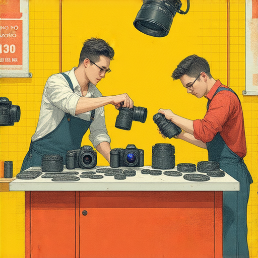 相機維修服務的插圖，展示深水埗、旺角及尖沙咀專業技術人員維修相機的情景，強調重獲新生的服務，並提供優惠資訊，吸引愛好攝影的顧客。