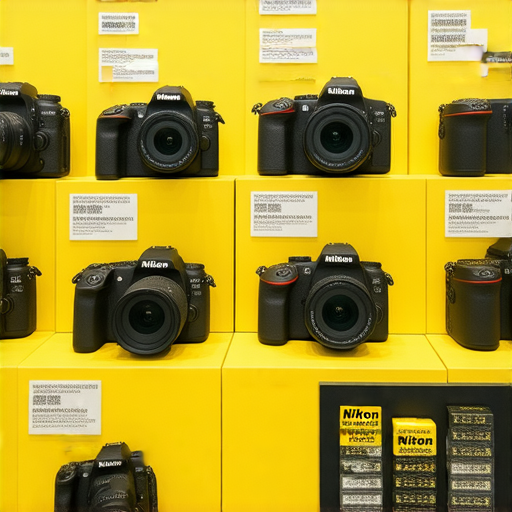 香港Nikon相機展示圖，包括不同型號及價格標籤，旁邊有Nikon電池的購買建議，幫助消費者了解產品信息，挑選合適的相機和電池選擇。