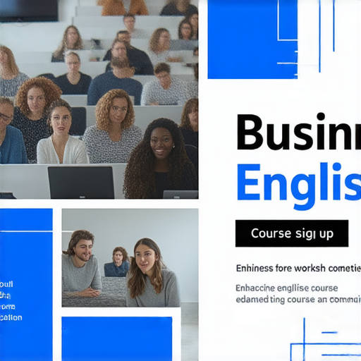 商業英語課程和商務英語課程的宣傳海報，展示學員上課情境，強調提升職場競爭力的主題，包含學習英語的便利性和實用性，吸引更多報名參加。