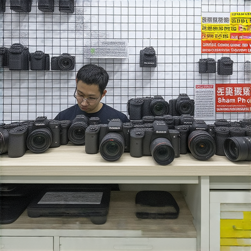 深水埗與旺角的相機維修中心，提供專業SONY與CANON的維修服務，展示維修工具和技術人員，吸引客戶了解價錢優惠，保障相機性能的圖片。