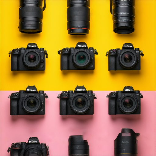 尼康Z fc與W300相機陣列展示，呈現專業攝影服務的無限可能，色彩鮮明，凸顯高性能和創意潛力，吸引攝影愛好者探索更多攝影選擇。