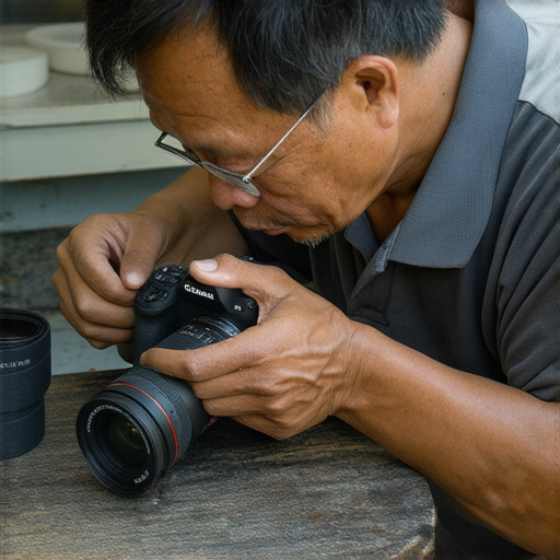 深水埗相機維修專家在旺角進行精密修理，技術人員專注檢查相機，展示高超技藝與專業設備，拯救你的愛機，讓拍攝更完美。