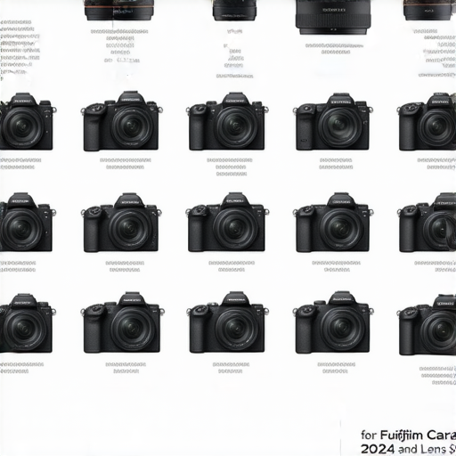 2024年Fujifilm相機及鏡頭選擇指南的精美圖片，展示多款Fujifilm相機和鏡頭，適合攝影愛好者的選擇，強調性能與設計，幫助用戶找到理想的攝影工具。