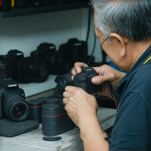 深水埗與旺角的專業相機維修服務展示，技師使用專業工具進行攝影器材維修，顯示精湛技術及全面服務，吸引攝影愛好者。
