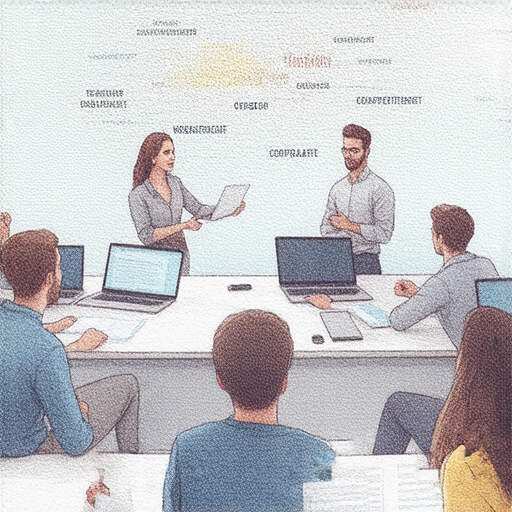 提升職場競爭力的商業英語課程和商務英語課程解析，展示學員在課堂上學習商業英語的情境，強調溝通能力和職場技能提升的重要性。