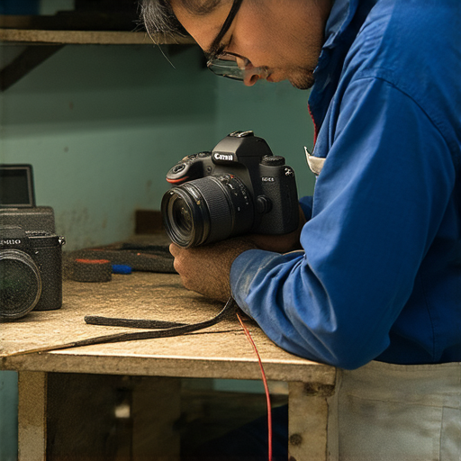 深水埗專業相機維修服務，技術人員正在檢查相機，提供實惠價格，讓您輕鬆解決攝影問題，致力於為客戶提供專業且高效的維修體驗。