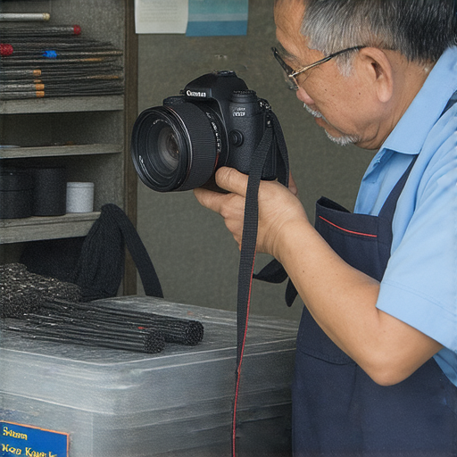 專業相機維修服務在深水埗到旺角全港覆蓋，圖片顯示維修技術人員專注檢查相機，背景為維修店的工具和設備，展現優質的維修環境和專業性。