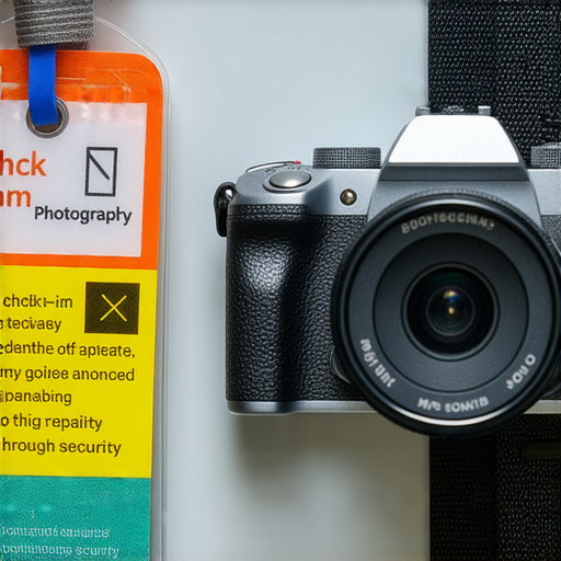 傻瓜相機擺放於行李托運處，旁邊有行李標籤，顯示托運、拍攝及過X光機的注意事項，呈現相機的便攜性與重複使用的便利性。
