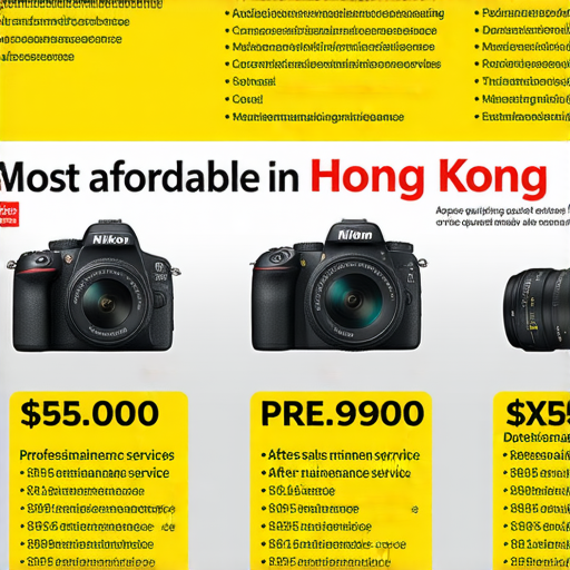 Nikon相機展示，強調香港最實惠選擇及專業保養服務，顯示價格標籤及售後服務資訊，吸引攝影愛好者了解佳品與維護的連結。