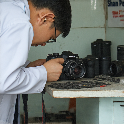 深水埗相機維修專家在維修台前專注檢查相機，提供專業服務，揭開相機故障背後的秘密，幫助攝影愛好者復活相機，確保每一拍都完美。