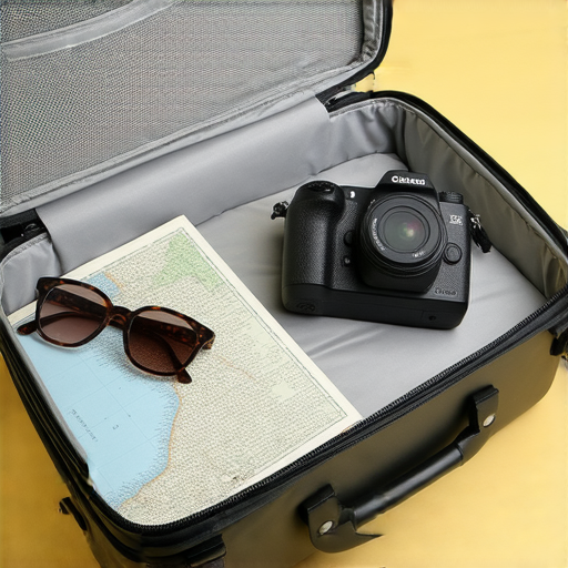 傻瓜相機放置在行李箱中，周圍放著旅行用品，展示如何安全托運相機，並探討拍照和重複使用的秘訣，讓旅程更加完美。