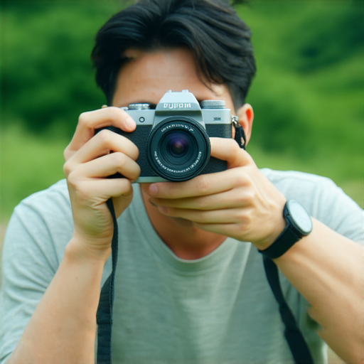 即影即有 Fujifilm 相機展示，攝影師手握相機，捕捉瞬間美好，周圍景色優美，強調攝影潛能與專業服務，引領探索新攝影體驗。