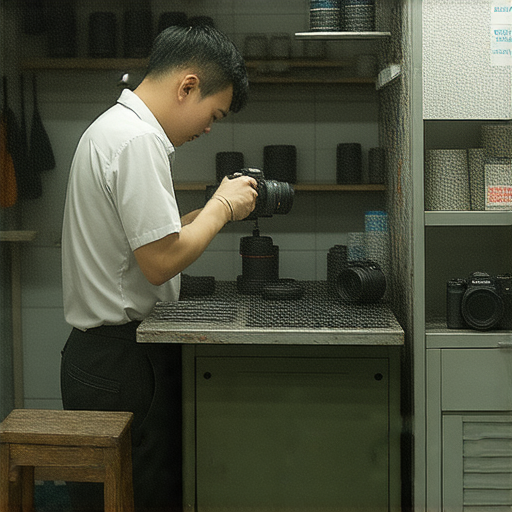 深水埗與旺角相機維修店內部環境，專業技師正在檢查相機，工具與零件整齊擺放，展示如何恢復影像設備功能的全攻略，吸引攝影愛好者探索維修選擇。